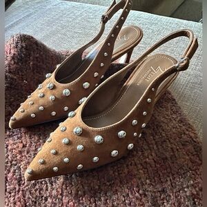 NWOT chestnut suede sling backs with trending silver studs